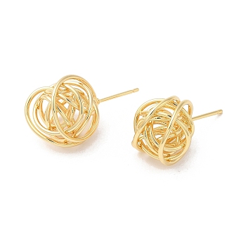Rack Plating Brass Wire Wrapped Round Stud Earrings, Long-Lasting Plated, Cadmium Free & Lead Free, Real 18K Gold Plated, 12x14mm