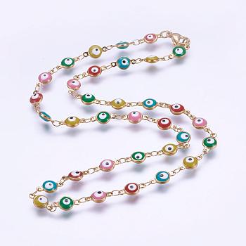 304 Stainless Steel Chain Necklaces, with Enamel and Lobster Claw Clasps, Ion Plating (IP), Flat Round with Evil Eye, Golden, 17.7 inch(45cm)