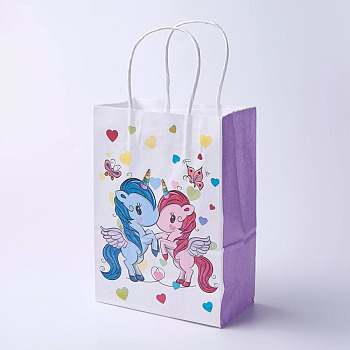kraft Paper Bags, with Handles, Gift Bags, Shopping Bags, Rectangle, Horse Pattern, Medium Purple, 21x15x8cm