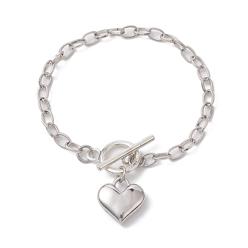 Alloy Heart Charm Bracelet with Cable Chains, Platinum, 7-7/8 inch(20cm)