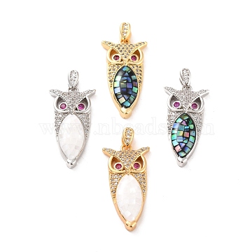 Natural Shell Pendants, with Cubic Zirconia and Brass Findings, Owl, Mixed Color, 25.5x13x4mm, Hole: 3.5x1.5mm(KK-K257-10)