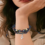 1Pc Leater Braided Multi-strand Bracelet with Alloy Musical Note Charms, Natural Mixed Gemstone Beaded Bracelet for Men Women, Black, 6-3/4 inch(17cm)(MUSI-LP0001-01B)