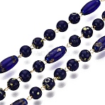 Picasso Style Handmade Brass & Glass Beaded Link Chains, Oval & Round, Soldered, with Spool, Real 18K Gold Plated, Dark Blue, 8.5~9x4~4.5mm(CHC-Q021-07A-G)