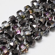 Electroplate Glass Beads Strands, Rainbow Plated, Faceted, Flat Round, Black, 7~8x5mm, Hole: 1mm, about 80pcs/strand, 21.26 inch(EGLA-Q083-8mm-D03)
