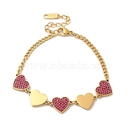 Rose Rhinestone Heart Link Bracelet, with 304 Stainless Steel Curb Chains, Golden, 7 inch(17.8cm)(BJEW-E091-04G)