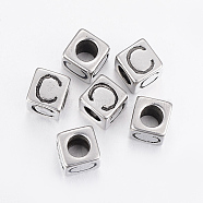 304 Stainless Steel Large Hole Letter European Beads, Cube with Letter.C, Antique Silver, 8x8x8mm, Hole: 5mm(STAS-H428-01AS-C)