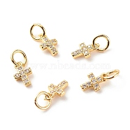 Brass Micro Pave Clear Cubic Zirconia Pendants, Cadmium Free & Lead Free, Cross, Real 18K Gold Plated, 8x5x1.5mm, Hole: 3.5mm(X-ZIRC-P094-18G-RS)