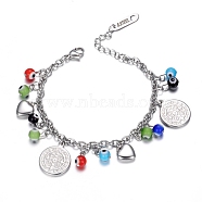 304 Stainless Steel Charm Bracelets, with Evil Eye Beads and Lobster Claw Clasps, Flat Round with San Benito, Stainless Steel Color, 177mm(7 inch)(BJEW-D421-46P)