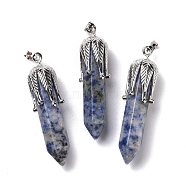 Natural Blue Spot Jasper Big Pendants, with Platinum Tone Brass Findings, Cadmium Free & Lead Free, Bullet with Leaf, 53.5~57x14~15x14~15mm, Hole: 7x4mm(G-E059-03AS-01)