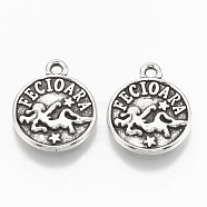 Tibetan Style Alloy Charms, Flat Round with Constellation, Cadmium Free & Lead Free, Virgo, 14.5x12x2mm, Hole: 1.4mm(X-TIBE-Q084-08AS-LF)