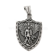 304 Stainless Steel Pendants, Shield with Angel Warrior Charm, Antique Silver, 47x26x2mm, Hole: 9X4mm(STAS-D091-08AS)