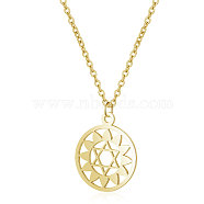 201 Stainless Steel Pendants Necklaces, with Cable Chains, Flat Round with Flower, Golden, 16.3 inch(40cm), 1mm(NJEW-S069-TN528-2)