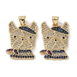 Rack Plating Brass Micro Pave Cubic Zirconia Pendants, Long-Lasting Plated, Lead Free & Cadmium Free, Dog, Real 18K Gold Plated, 22.5x16.5x2mm, Hole: 3.5x3mm(KK-K341-48G)