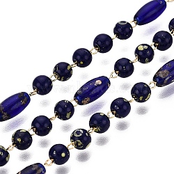 Picasso Style Handmade Brass & Glass Beaded Link Chains, Oval & Round, Soldered, with Spool, Real 18K Gold Plated, Dark Blue, 8.5~9x4~4.5mm(CHC-Q021-07A-G)