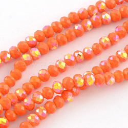 Electroplate Solid Color Glass Rondelle Bead Strands, Half AB Color Plated, Faceted, Dark Orange, 8x6mm, Hole: 1mm, about 68~70pcs/strand, 17.3 inch(EGLA-Q050-8mm-03)
