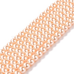 Eco-Friendly Glass Pearl Beads, Pearlized, Round, PeachPuff, 6mm, Hole: 1.2~1.5mm, about 68pcs/Strand, 16''(40.64cm)(X-HY-J002-6mm-HX045)