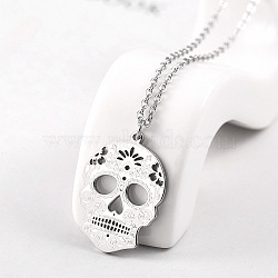 Non-Tarnish Stainless Steel Mexican Candy Skull Pendant Necklaces, Stainless Steel Color(CQ9422-4)