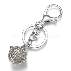 Keychain, with Alloy Lobster Clasps, Iron Ring, Brass Hollow Prayer Box Pendant, Platinum, 122mm(KEYC-P033-02)