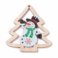 Printed Wood Big Pendants, Christmas Tree with Snowman, Colorful, 79.5x74x2.5mm, Hole: 2.5mm(FIND-H030-03)