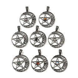 Natural & Synthetic Mixed Gemstone Pendants, Antique Silver Tone Rack Plating Alloy Hollow Moon with Star Charms, Lead Free & Cadmium Free, 36x33x4mm, Hole: 4x6mm(G-K338-19AS)