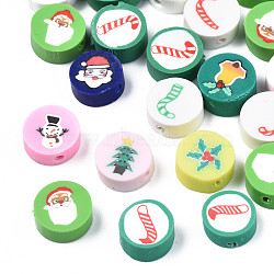 Handmade Polymer Clay Beads, Flat Round with Christmas Themed Patterns, Mixed Color, 9.5~10x4~5mm, Hole: 1.6mm(X-CLAY-N011-41)