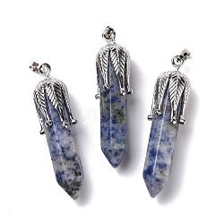 Natural Blue Spot Jasper Big Pointed Pendants, with Platinum Tone Brass Findings, Cadmium Free & Lead Free, Bullet with Leaf, 53.5~57x14~15x14~15mm, Hole: 7x4mm(G-E059-03AS-01)