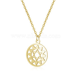 201 Stainless Steel Pendants Necklaces, with Cable Chains, Flat Round with Flower, Golden, 16.3 inch(40cm), 1mm(NJEW-S069-TN528-2)
