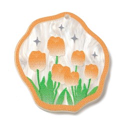 Printed Acrylic Pendants, Flower Charm, Orange, 34.5x31.5x2.5mm, Hole: 1.5mm(OACR-B015-09)