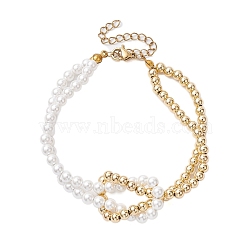 4mm Round Pearl Shell & Brass 2-Strand Beaded Bracelets for Women, Golden, 7-3/8 inch(18.8cm)(BJEW-JB10554)