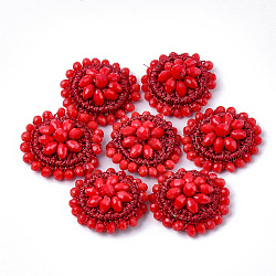 Glass Woven Pendants, Polyester Thread Covered with Brass Findings, Flat Round, Red, 29~31x8~12mm(FIND-T039-09E)