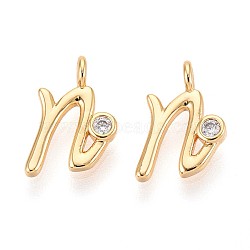 Brass Micro Pave Cubic Zirconia Charms, Long-Lasting Plated, Nickel Free, Real 18K Gold Plated, Letter, Letter N, 13x8x3.5mm, Hole: 1.8mm(KK-N263-97G-N)