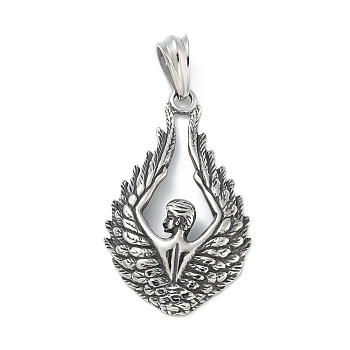 304 Stainless Steel Big Pendants, Retro Style, Antique Silver, Angel & Fairy, 58x34.5x7.5mm, Hole: 11x7mm