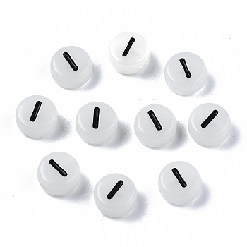 Acrylic Beads, with Enamel and Luminous, Horizontal Hole, Flat Round with Black Letter, Light Grey, Letter.I, 7x3.5mm, Hole: 1.5mm, about 360~370pcs/50g