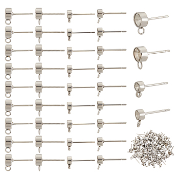 80Pcs 4 Style 201 & 304 Stainless Steel Stud Earring Findings, with Loops and 304 Stainless Steel Pins, For Pointed Back Rivoli Rhinestone, Flat Round, Stainless Steel Color, 6~14x4~6x3mm, Hole: 1~2mm, Pin: 0.7~0.8mm, 20Pcs/style
