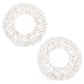 PANDAHALL ELITE 2 Sets 2 Styles Cotton Mini Wall Mirror with Macrame Fringe, Wall Hanging Circle Mirror Boho Home Decor, with Plastic Non-Trace Wall Hooks, Flat Round, Bisque, 320x8mm, 1 set/style