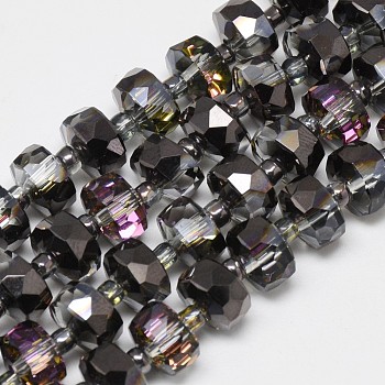 Electroplate Glass Beads Strands, Rainbow Plated, Faceted, Flat Round, Black, 7~8x5mm, Hole: 1mm, about 80pcs/strand, 21.26 inch