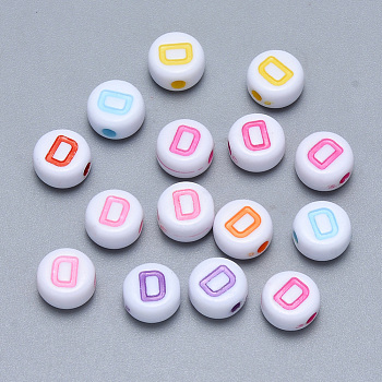 Craft Acrylic Horizontal Hole Letter Beads, Flat Round, Mixed Color, Letter.D, 7x3.5~4mm, Hole: 1.5mm, about 3600pcs/500g