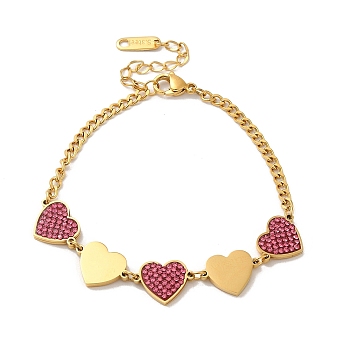 Rose Rhinestone Heart Link Bracelet, with 304 Stainless Steel Curb Chains, Golden, 7 inch(17.8cm)