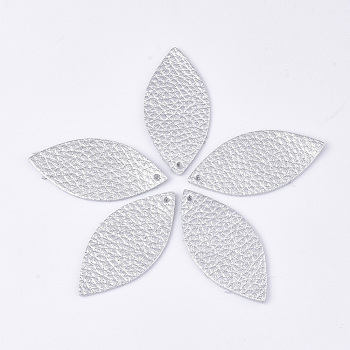 Eco-Friendly Cowhide Leather Big Pendants, Leaf, Silver, 44x21x1mm, Hole: 1.5mm