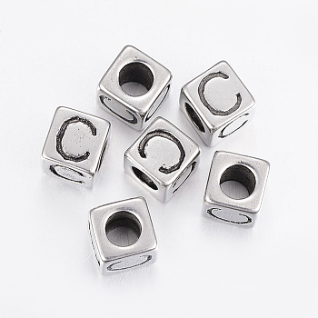 304 Stainless Steel Large Hole Letter European Beads, Cube with Letter.C, Antique Silver, 8x8x8mm, Hole: 5mm