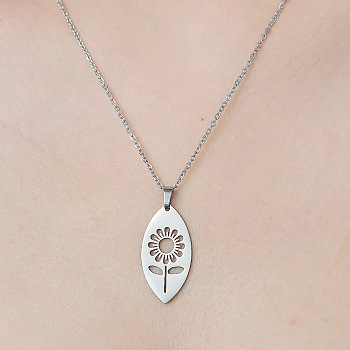201 Stainless Steel Hollow Sunflower Pendant Necklace, Stainless Steel Color, 17.72 inch(45cm)
