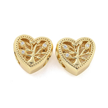 Rack Plating Brass Micro Pave Clear Cubic Zirconia Beads, Lead Free & Cadmium Free, Long-Lasting Plated, Heart, Real 18K Gold Plated, 11.5x12.5x7.5mm, Hole: 6x4.5mm
