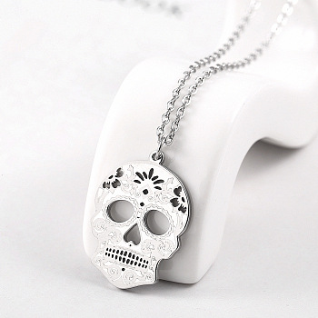 Non-Tarnish Stainless Steel Mexican Candy Skull Pendant Necklaces, Stainless Steel Color