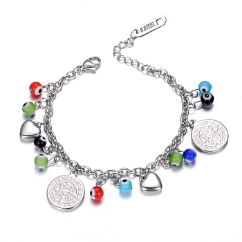 304 Stainless Steel Charm Bracelets, with Evil Eye Beads and Lobster Claw Clasps, Flat Round with San Benito, Stainless Steel Color, 177mm(7 inch)