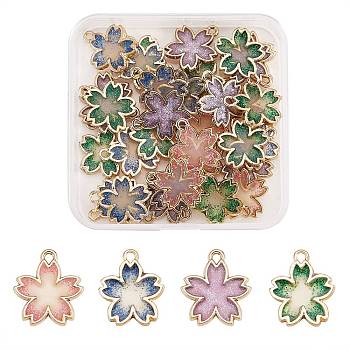 40Pcs 4 Colors Rack Plating Alloy Transparent Epoxy Resin Pendants, with Scallion Powder, Cadmium Free & Nickel Free & Lead Free, Light Gold, Flower, Mixed Color, 20x18x2mm, Hole: 1.8mm, 10pcs/color