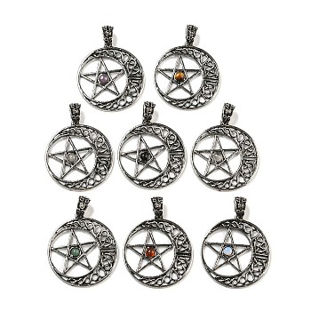 Natural & Synthetic Mixed Gemstone Pendants, Antique Silver Tone Rack Plating Alloy Hollow Moon with Star Charms, Lead Free & Cadmium Free, 36x33x4mm, Hole: 4x6mm