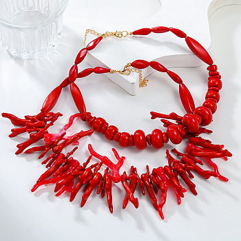 Bohemian and Exaggerated Resin Bib Necklace Sets, with Alloy Lobster Claw Clasp, Rondelle & Coral Shape, Red, 16.30~17.91 inch(41.4~45.5cm), 2pcs/set