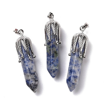 Natural Blue Spot Jasper Big Pendants, with Platinum Tone Brass Findings, Cadmium Free & Lead Free, Bullet with Leaf, 53.5~57x14~15x14~15mm, Hole: 7x4mm