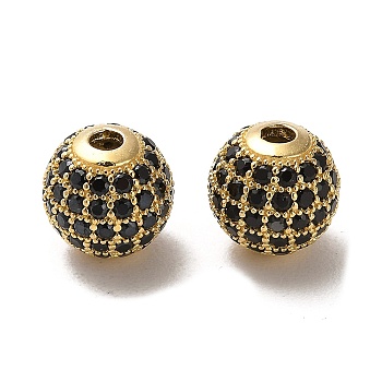 925 Sterling Silver Micro Pave Cubic Zirconia Beads, Round, Real 18K Gold Plated, Black, 10x9mm, Hole: 2.2mm