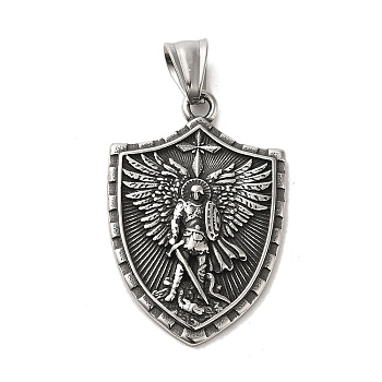 304 Stainless Steel Pendants, Shield with Angel Warrior Charm, Antique Silver, 47x26x2mm, Hole: 9X4mm